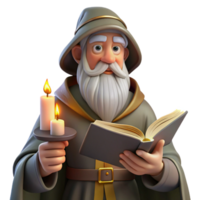 wonderful minimalist extraordinary rustic A wise old wizard with a long white beard studying an ancient tome in his candlelit study, Rembrandt lighting, realistic style authentic professional png