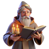 serene modern impressive rustic A wise old wizard with a long white beard studying an ancient tome in his candlelit study, Rembrandt lighting, realistic style authentic authentic png