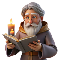 elegant rustic serene vintage A wise old wizard with a long white beard studying an ancient tome in his candlelit study, Rembrandt lighting, realistic style genuine detailed png