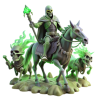 vibrant traditional dramatic abstract A spectral knight riding a skeletal steed across a battlefield strewn with ghostly figures, eerie green lighting, gothic horror style high quality premium png