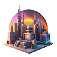 serene modern vibrant artistic A futuristic cityscape at sunset, towering holographic advertisements shimmering in the warm orange light, cyberpunk style, detailed architecture high resolution genuine png
