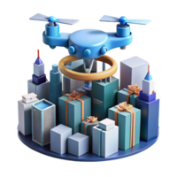 stunning vintage impressive rustic A drone delivering a package in a futuristic city, flying high above skyscrapers, aerial view, cinematic lighting, science fiction style professional authentic png