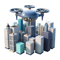 vibrant vintage impressive artistic A drone delivering a package in a futuristic city, flying high above skyscrapers, aerial view, cinematic lighting, science fiction style professional authentic png