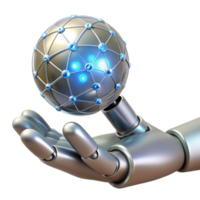 wonderful minimalist magnificent modern A chrome robot hand delicately holding a glowing orb of data, wires intricately woven through its fingers, studio lighting, cyberpunk style exclusive original png