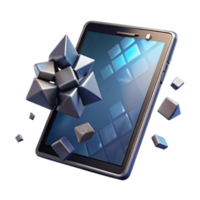 dramatic modern stunning abstract A shattered screen of a tablet displaying a broken digital world, pixelated fragments floating, dystopian style, dramatic lighting 4K high quality png