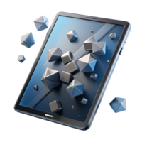 impressive artistic serene rustic A shattered screen of a tablet displaying a broken digital world, pixelated fragments floating, dystopian style, dramatic lighting high quality authentic png