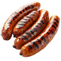 Grilled sausages with a charred surface arranged in a neat row png