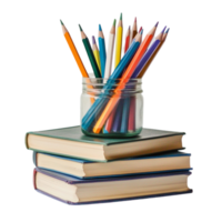 Stack of books with a glass jar full of sharpened colored pencils png