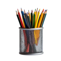 Metal mesh pencil holder filled with sharpened colored pencils png