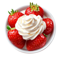 Bowl of strawberries with a dollop of whipped cream on top png