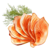 Thinly sliced smoked salmon with a sprig of dill on top png