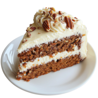 Slice of carrot cake with cream cheese frosting and pecans png