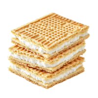 Tall stack of wafer cookies filled with layers of creamy vanilla filling png