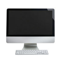Sleek desktop computer with a black screen and white keyboard png