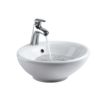 White ceramic sink with a sleek silver faucet and running water png