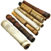 Collection of aged parchment scrolls with ancient scripts png