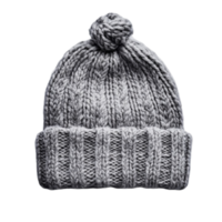 Cozy gray knitted beanie with a folded brim and a pompom on top png