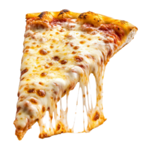 Cheesy pizza slice with gooey melted cheese stretching between bites png