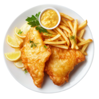 golden fish and chips served with lemon wedges and dipping sauce png