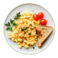 Plate of scrambled eggs served with toast tomatoes and parsley png