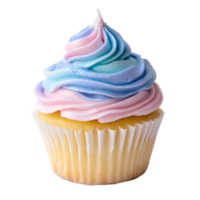 vanilla cupcake topped with swirled blue and pink frosting png