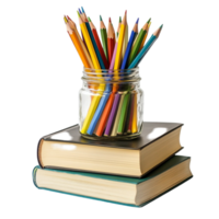 Glass jar filled with colorful pencils placed on books png