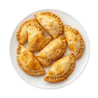Golden empanas neatly arranged on a white plate png