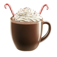 Hot chocolate with whipped cream and candy canes in a brown mug png