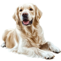 Friendly golden retriever lying down with a ed expression png