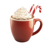 Red mug filled with hot chocolate whipped cream and candy canes png