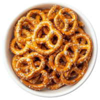 White bowl filled with salted pretzels arranged in a pile png