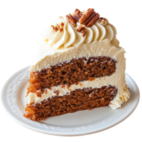 Slice of carrot cake with cream cheese frosting topped with pecans png
