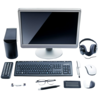 Desktop computer setup with accessories neatly arranged png