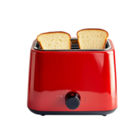 Red toaster with two slices of golden brown toasted bread png