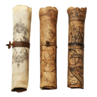 Three aged and weathered treasure maps tied with straps png