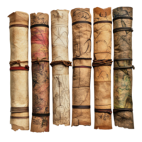 Set of ancient rolled parchment scrolls with detailed maps png