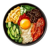 Black bowl filled with bibimbap topped with vegetables meat and a raw egg yolk png