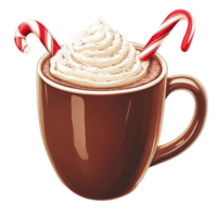Hot chocolate in a brown mug topped with whipped cream and candy canes png