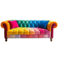 Luxurious multicolored patchwork sofa with plush cushions and design png
