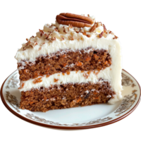 Slice of moist carrot cake topped with cream cheese frosting and nuts png