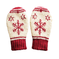 Knitted wool mittens with a red and white snowflake pattern for winter warmth png