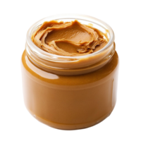 Open glass jar of creamy peanut butter with swirls on top png