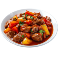 Bowl of beef stew with tender meat chunks and colorful vegetables in sauce png