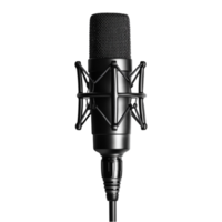 Professional black microphone with a metal grille mounted on a shock absorber stand png