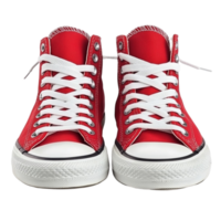 Pair of red high top sneakers with white laces and rubber soles png