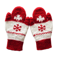 Red and white knitted mittens with a snowflake pattern on the front png
