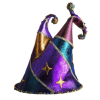 Colorful wizard hat with a curved top and shiny fabric decorated with stars png