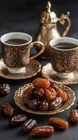Dates and coffee on a dark background photo