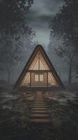 A triangle shaped house in the woods at night photo