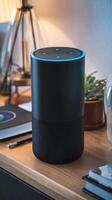 Amazon echo dot on a desk photo